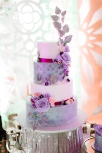 4 tier wedding cake, purple and pink flowers