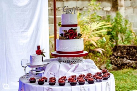 3 tier wedding cake, white with red flowers