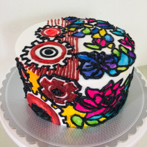 hand-painted cake, flowers and gears