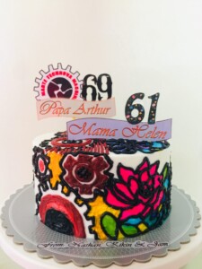 hand-painted cake, flowers, gears