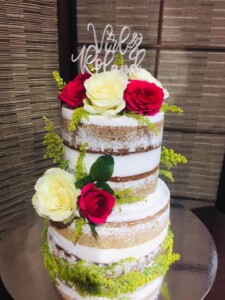 wedding cake, naked cake, white and red roses
